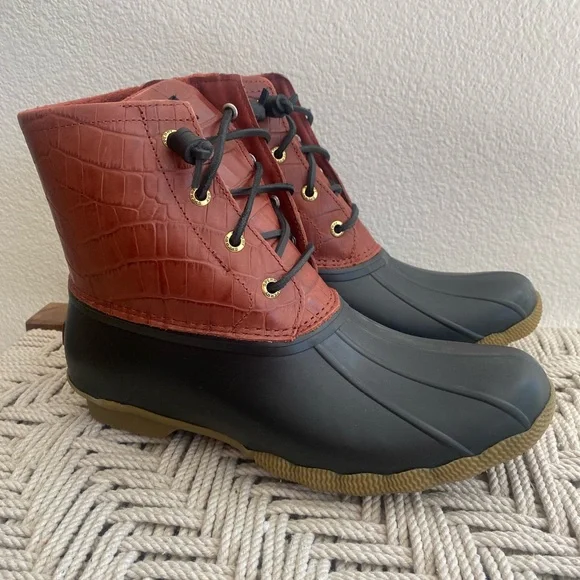 Sperry waterproof saltwater croc emboss red boots duck shoes water snow womans - Picture 7 of 14